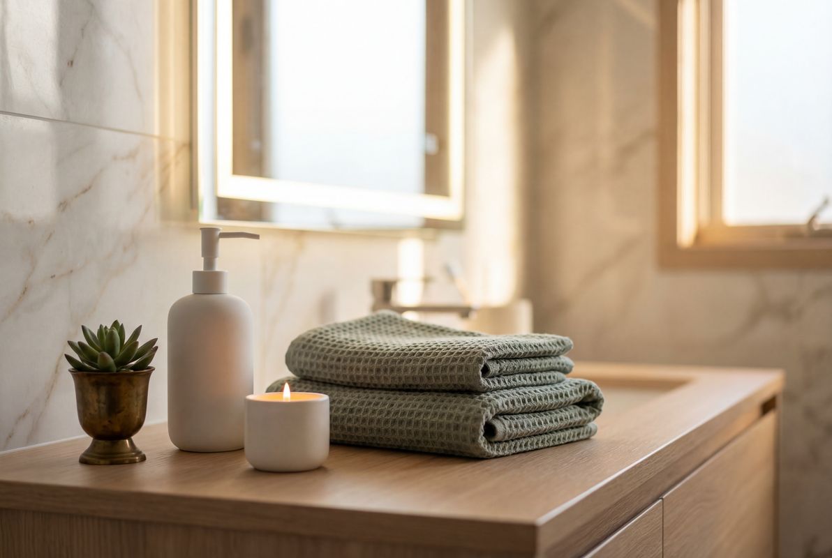 Bathroom vanity detail with spa towels, candle, and marble wall