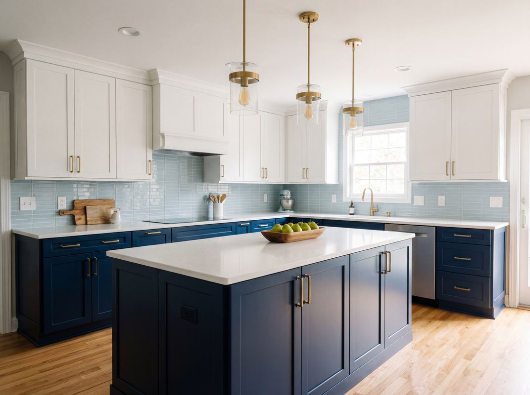 Navy blue and white kitchen with brass hardware — Seattle kitchen remodel