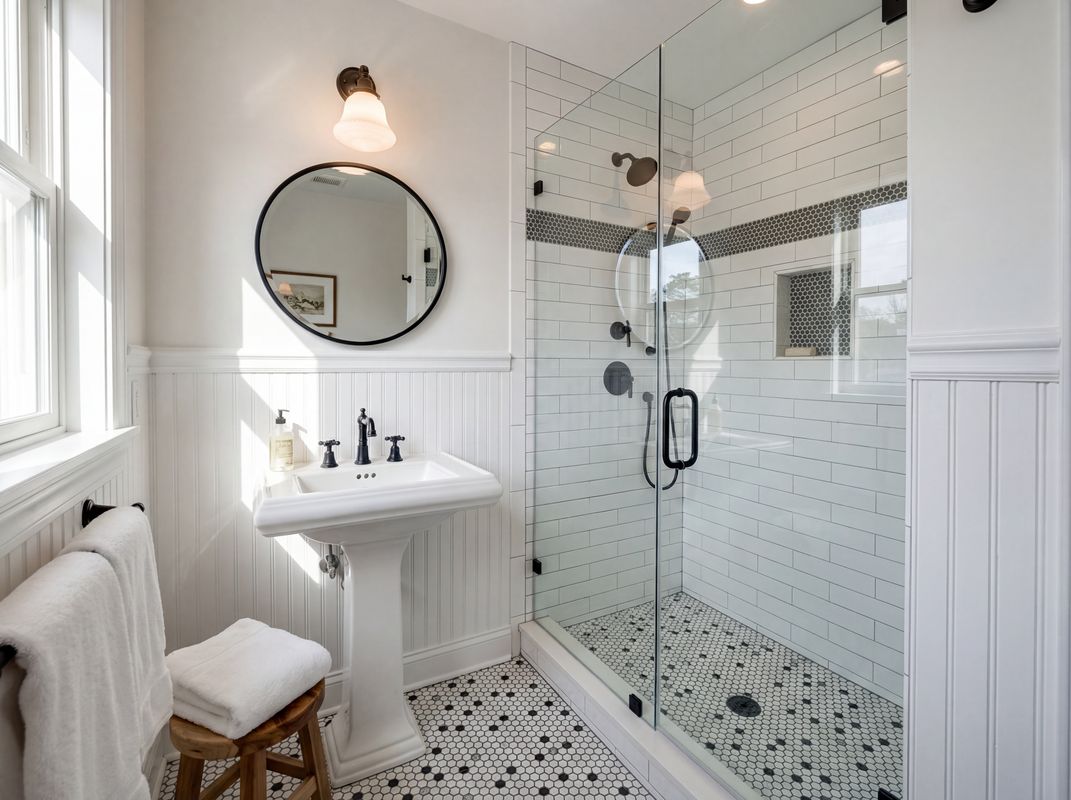 Classic bathroom with beadboard wainscoting and hex tile floor