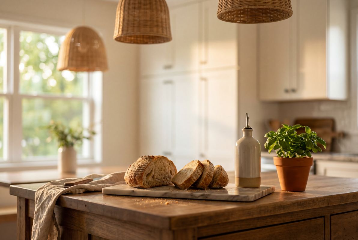 Warm kitchen with rattan pendant lights and rustic wood island