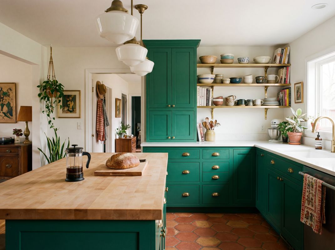 Green cabinetry with butcher block island and terracotta tile floor