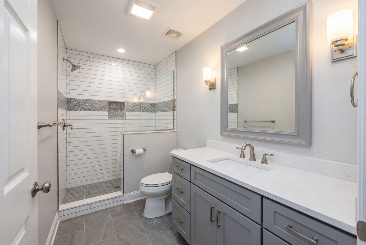 Grey bathroom with subway tile walk-in shower and framed mirror