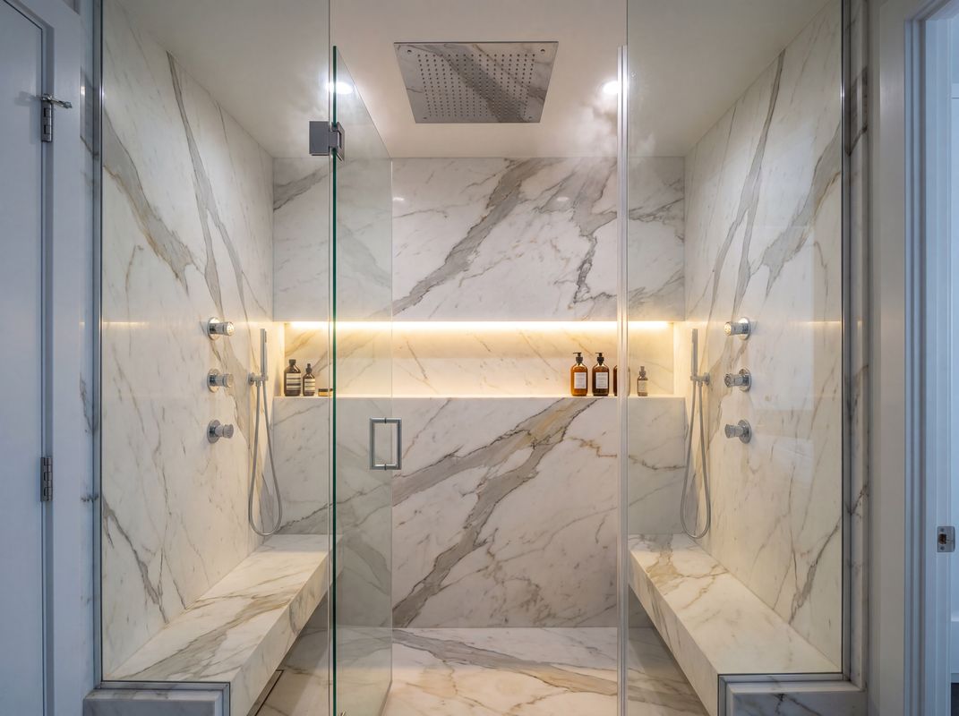 Calacatta marble walk-in shower with LED niche lighting