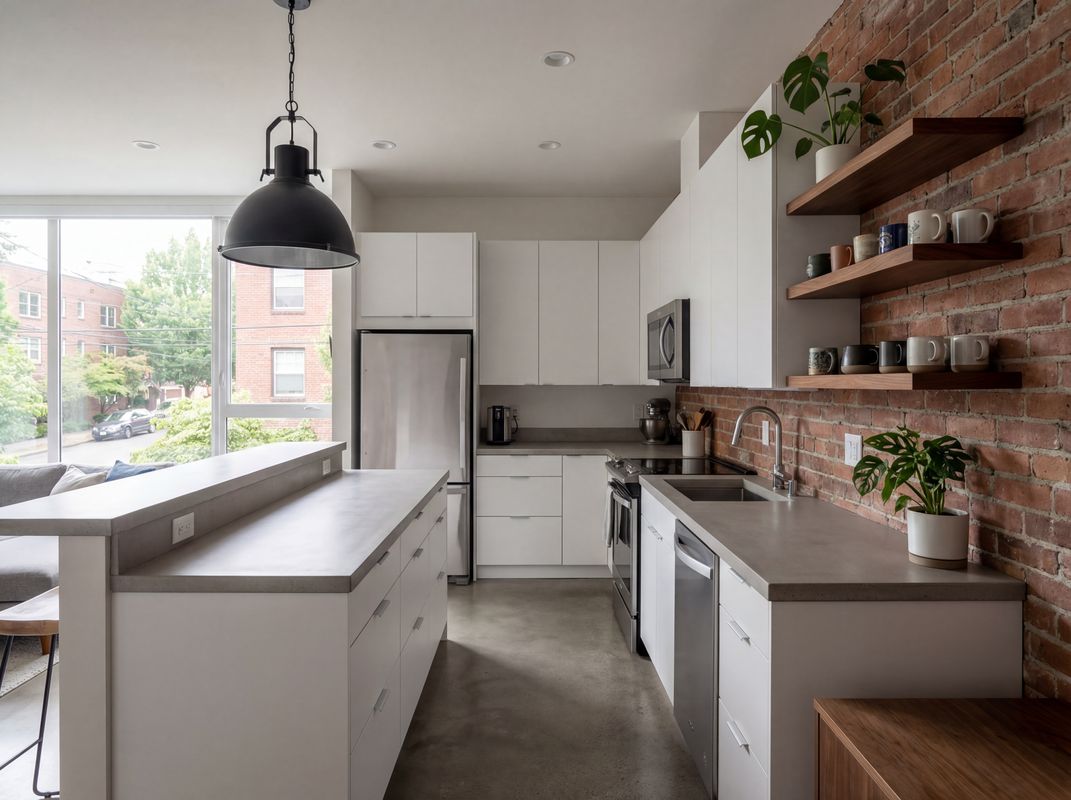 Modern kitchen with brick wall and concrete floors — urban condo remodel