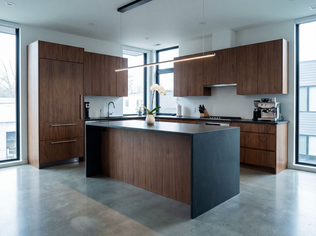 Walnut and dark countertop contemporary kitchen with floor-to-ceiling windows