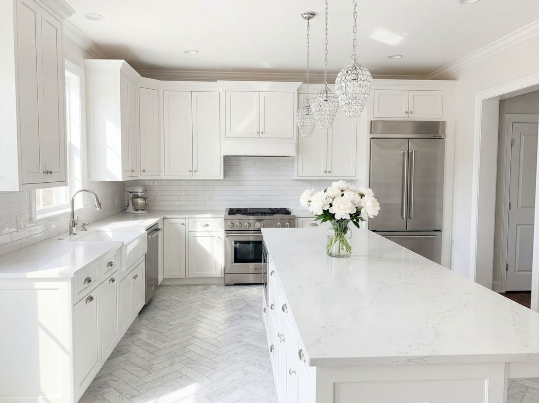All-white kitchen with herringbone marble floor and crystal chandeliers