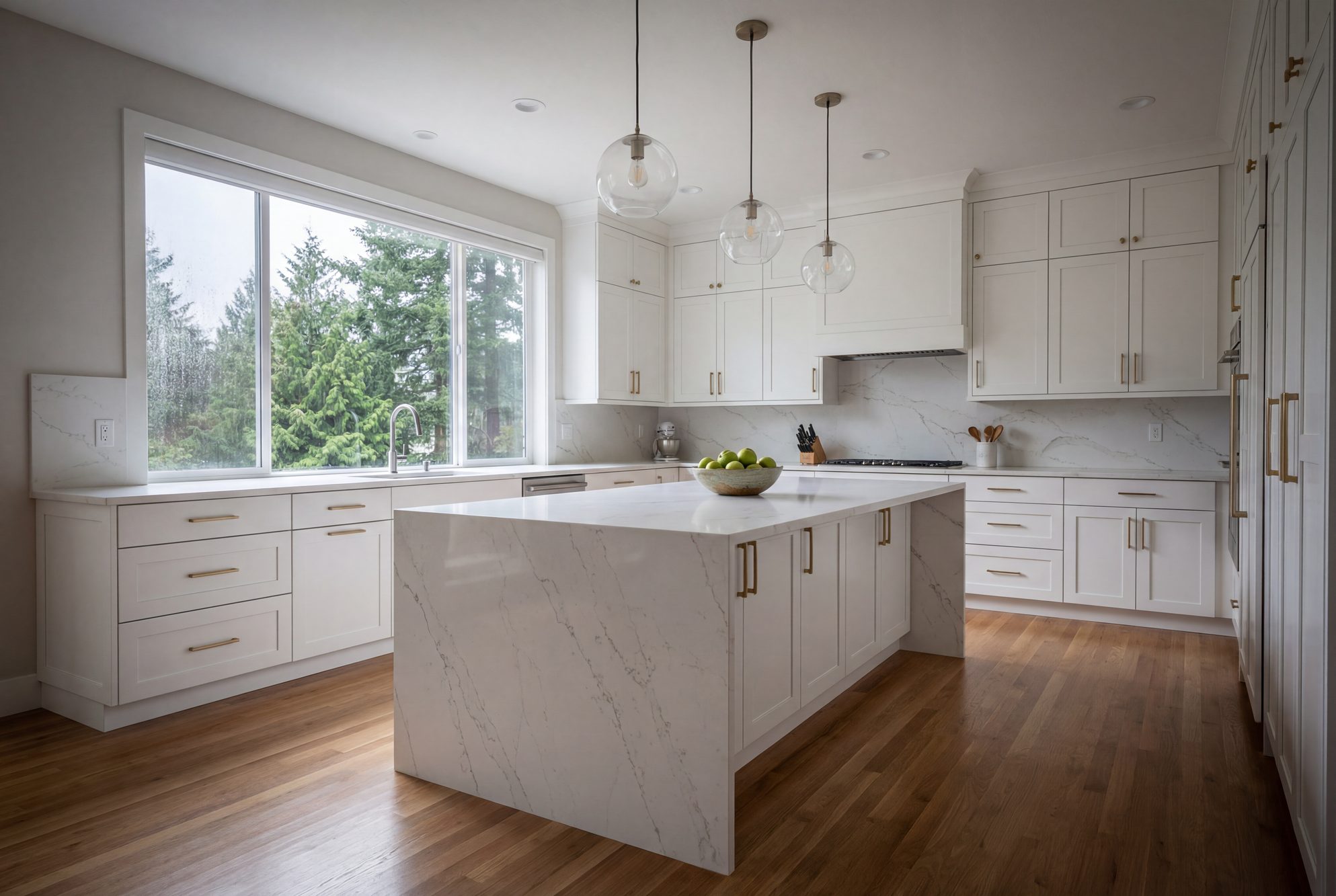 Modern white kitchen with marble countertops